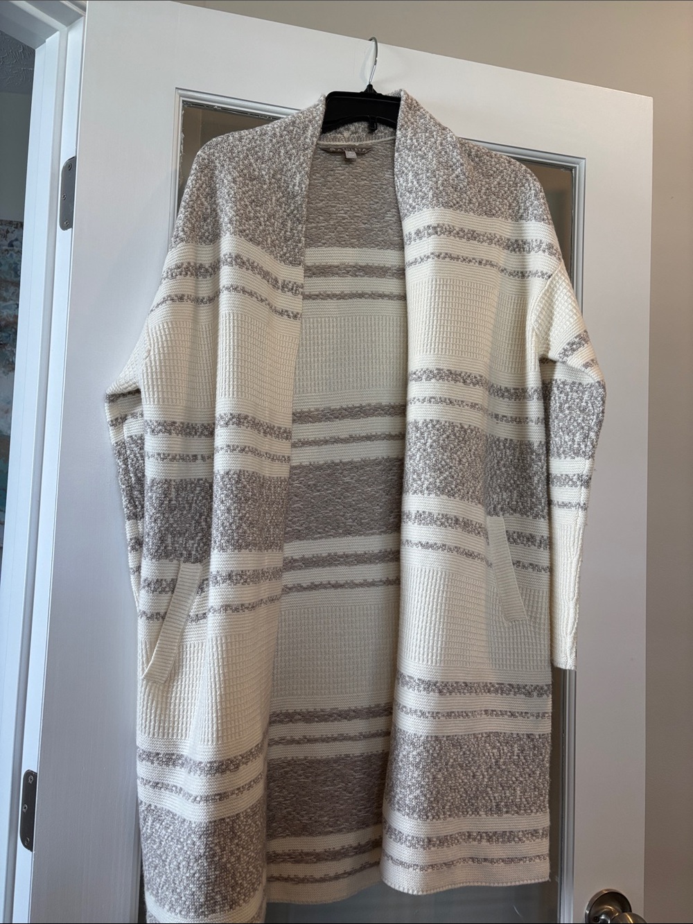 Athleta Open-Front Striped Cardigan in Cream & Light Gray